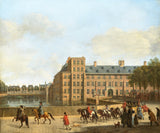 gerrit-adriaensz-berckheyde-1690-a-hunting-party-near-the-hofvijver-in-the-hague-seen-from-the-buitenhof-art-print-fine-art-reproduction-wall-art-id-a0u7yfa6j