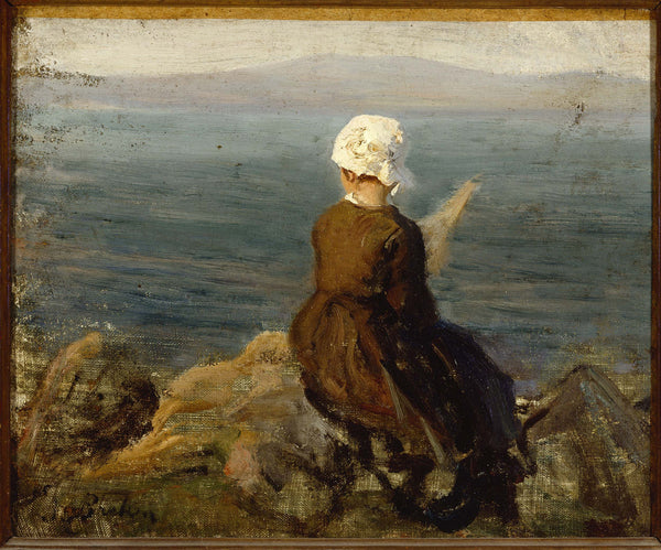 jules-breton-1870-spinner-on-rocks-in-douarnenez-art-print-fine-art-reproduction-wall-art