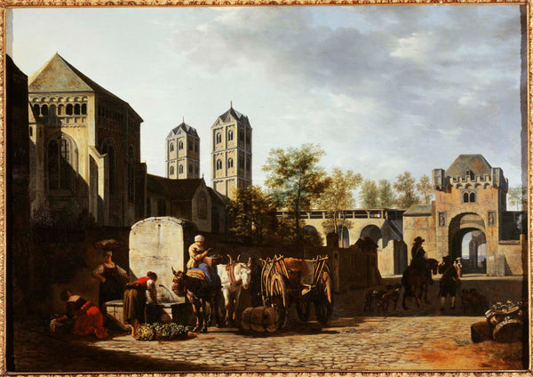 gerrit-adriaensz-berckheyde-1670-public-fountain-and-church-st-gereon-in-cologne-art-print-fine-art-reproduction-wall-art