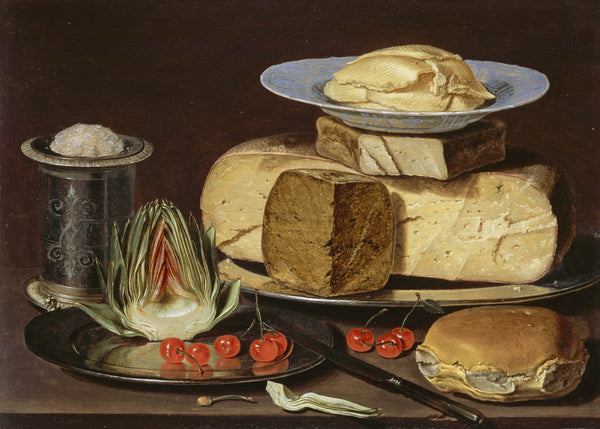 clara-peeters-1625-still-life-with-cheese-artichoke-and-cherries-art-print-fine-art-reproduction-wall-art-id-asuuqmkfi