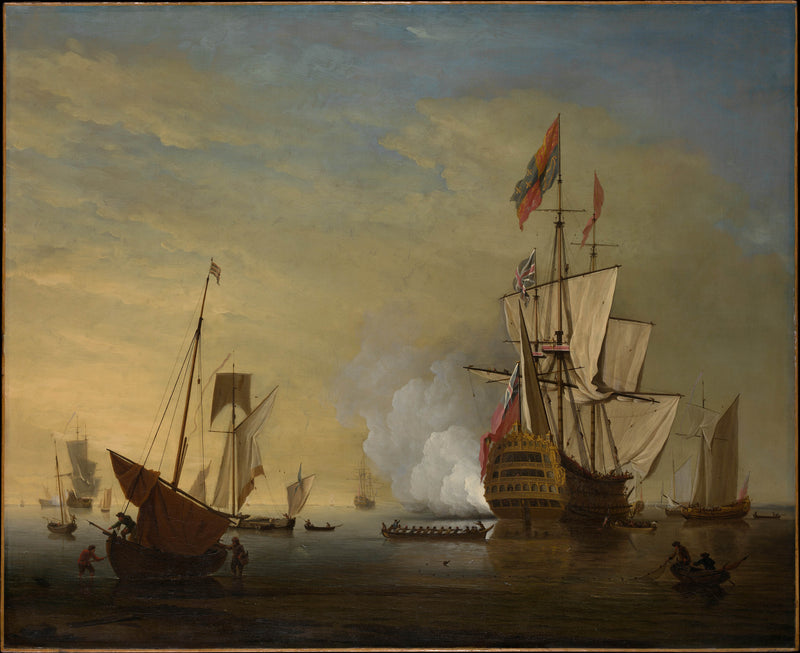 peter-monamy-harbor-scene-an-english-ship-with-sails-loosened-firing-a-gun-art-print-fine-art-reproduction-wall-art-id-a0czprwtj
