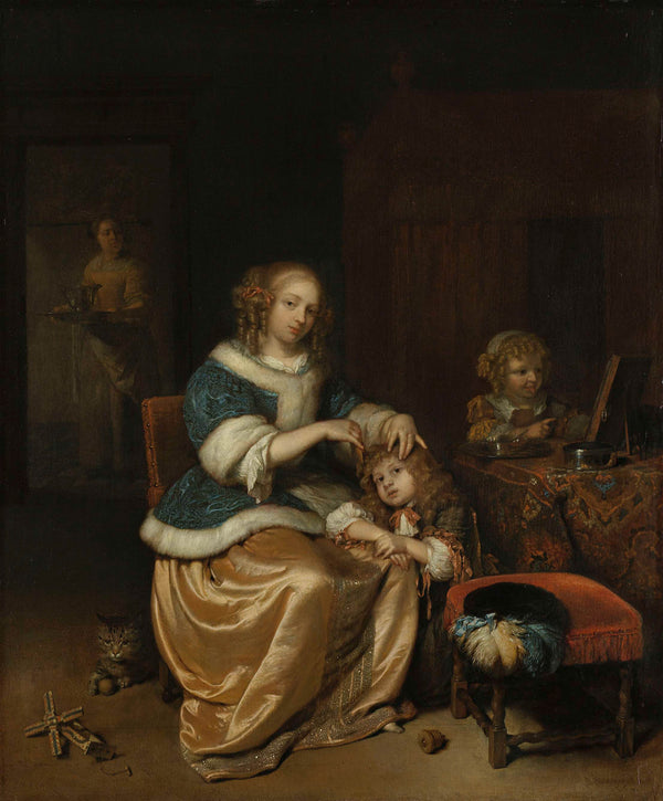 caspar-netscher-1669-interior-with-a-mother-combing-her-child-s-hair-known-as-art-print-fine-art-reproduction-wall-art-id-a0ip9jtj4