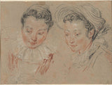 antoine-watteau-1705，研究有两个头的新闻工作者女孩，右边有一种艺术印刷精美的艺术复制品墙壁艺术ida0lh9qyha