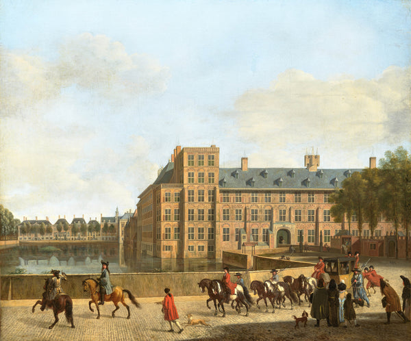 gerrit-adriaensz-berckheyde-1690-a-hunting-party-near-the-hofvijver-in-the-hague-seen-from-the-buitenhof-art-print-fine-art-reproduction-wall-art-id-a0u7yfa6j
