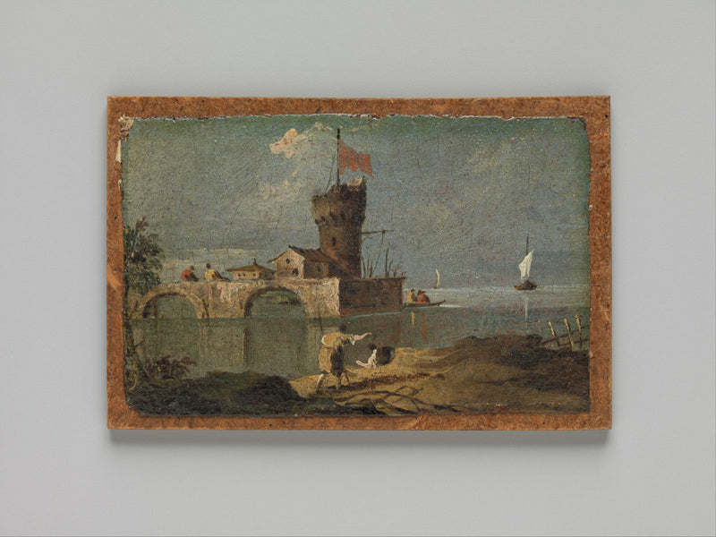 follower-of-francesco-guardi-18th-century-capriccio-with-a-circular-tower-two-houses-and-a-bridge-art-print-fine-art-reproduction-wall-art-id-a0yfych5i