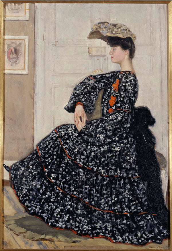 henry-caro-delvaille-1910-portrait-of-woman-in-gown-speckled-art-print-fine-art-reproduction-wall-art