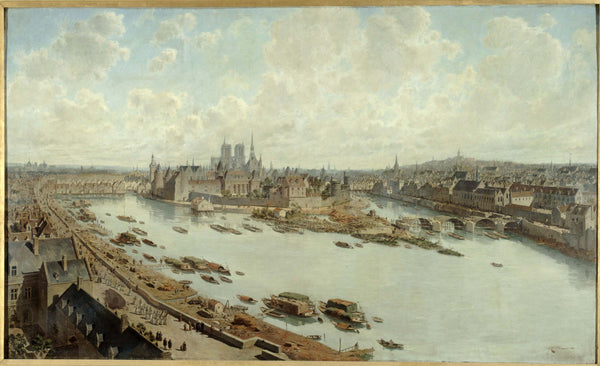 fedor-hoffbauer-1890-panoramic-view-of-paris-in-1588-from-the-roof-of-the-louvre-the-pont-neuf-in-construction-art-print-fine-art-reproduction-wall-art