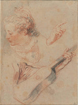 antoine-watteau-1705-arkusz-naukowy-z-dziewczyną-patrzącą-w dół-kubek-gitara-i-druk-grafika-reprodukcja-dzieł sztuki-sztuka-ścienna id-a1srj5axt