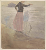 约翰·安东尼·德容格-1874 年-海滩上带着两个孩子和一只狗的女人-艺术印刷品-美术复制品-墙艺术-id-a1ujtyvii