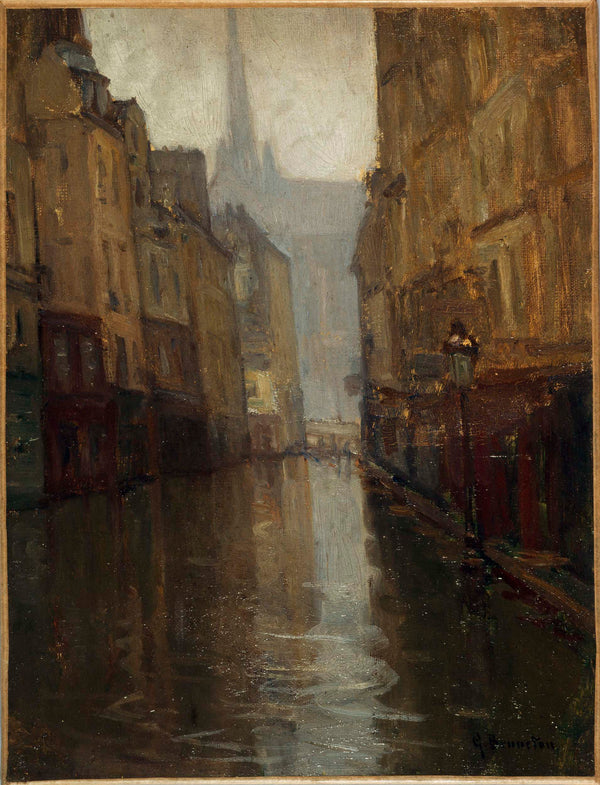 germain-eugene-bonneton-1910-the-rue-du-haut-pave-to-the-dock-of-montebello-1910-flood-art-print-fine-art-reproduction-wall-art
