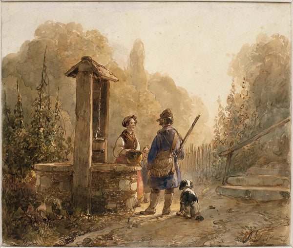 andreas-schelfhout-1797-hunter-talking-to-a-farmer-in-a-well-next-to-art-print-fine-art-reproduction-wall-art-id-a2awsfqcy