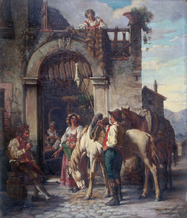 auguste-dutuit-1860-the-halt-of-the-horses-at-the-inn-art-print-fine-art-reproduction-wall-art