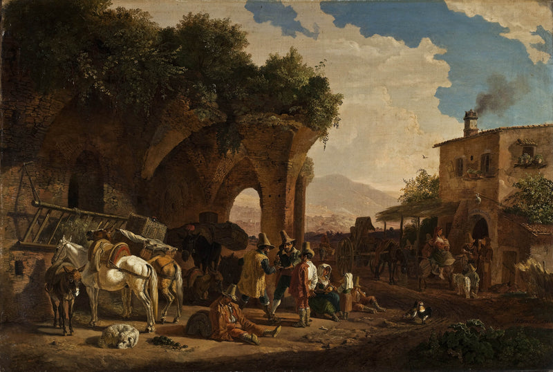heinrich-burkel-1831-scene-in-front-of-an-italian-osteria-art-print-fine-art-reproduction-wall-art-id-a2mpay545