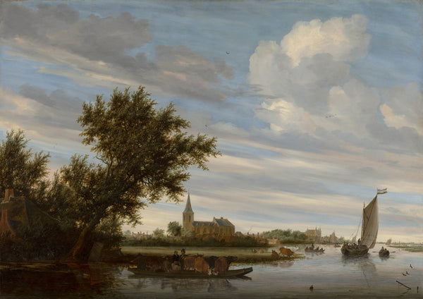 salomon-van-ruysdael-1649-river-view-with-church-and-ferry-art-print-fine-art-reproduction-wall-art-id-a2u79svqn