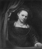 Рембрандт-ван-ријн-1700-девојка-на-прозору-која држи-завесу-уметност-штампа-ликовна-репродукција-зид-уметност-ид-а34иовито