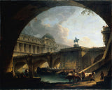 pierre-antoine-demachy-1775-caprice-architectural-a-palace-inspired-by-the-louvre-and-the-pont-neuf-is-framing-in-the-arch-of-a-bridge-art- print-fine-art-reproduction-wall-art