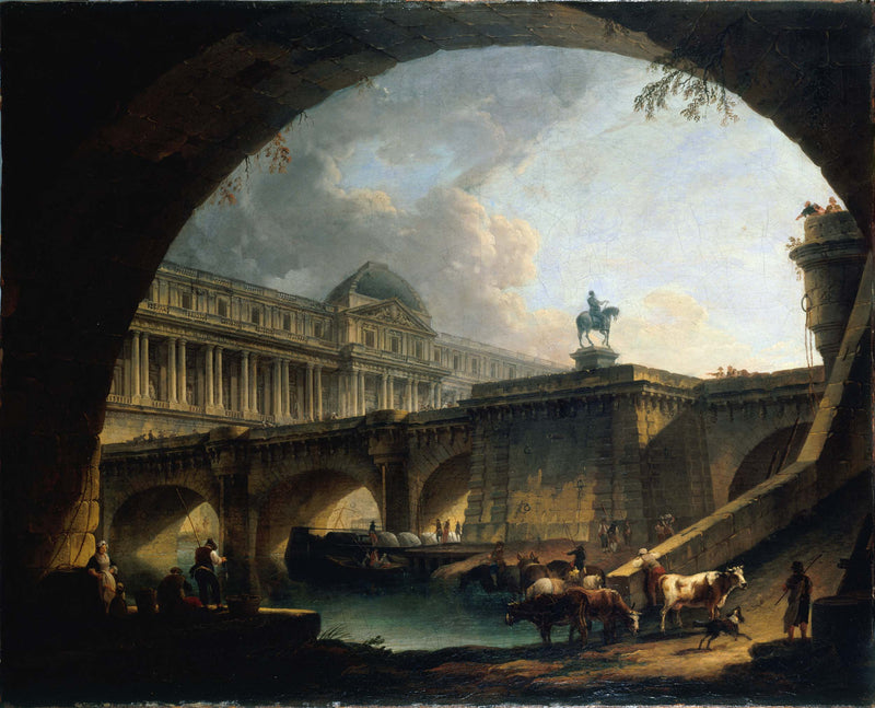 pierre-antoine-demachy-1775-caprice-architectural-a-palace-inspired-by-the-louvre-and-the-pont-neuf-is-framing-in-the-arch-of-a-bridge-art-print-fine-art-reproduction-wall-art
