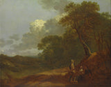 托马斯·盖恩斯伯勒（Thomas-Gainsborough）1745年树木繁茂的风景，一个男人与两个座位的妇女交谈，艺术印刷品，精美的艺术复制品，墙壁艺术ID，a3psxlgkt