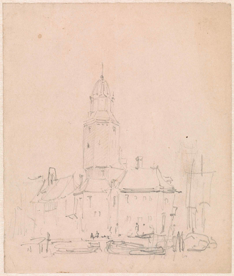 adrianus-eversen-1828-cityscape-with-tower-with-houses-on-the-quay-art-print-fine-art-reproduction-wall-art-id-a3qu612ms