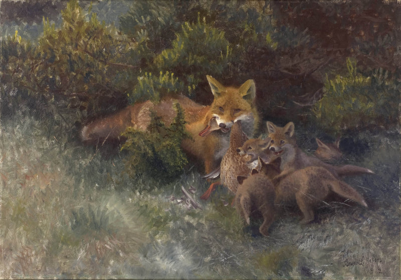 bruno-liljefors-1912-fox-with-cubs-art-print-fine-art-reproduction-wall-art-id-a3utnyvlm