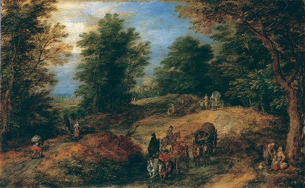jan-brueghel-the-elder-1607-landscape-with-travelers-on-a-woodland-path-art-print-fine-art-reproduction-wall-art-id-a40fnec88