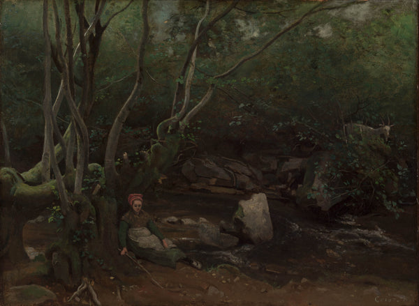 jean-baptiste-camille-corot-1842-lormes-goat-girl-sitting-beside-a-stream-in-a-forest-art-print-fine-art-reproduction-wall-art-id-a43to48bs