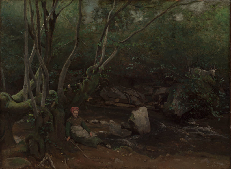 jean-baptiste-camille-corot-1842-lormes-goat-girl-sitting-beside-a-stream-in-a-forest-art-print-fine-art-reproduction-wall-art-id-a43to48bs