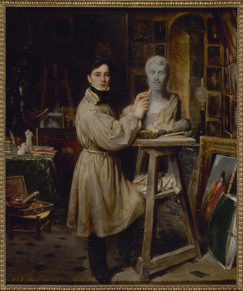 francois-gabriel-guillaume-lepaulle-1835-jean-pierre-dantan-1800-1869-in-his-studio-modeling-the-bust-of-lepaulle-art-print-fine-art-reproduction-wall-art