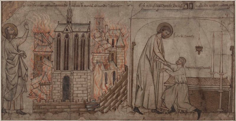 anonymous-1250-saint-eloi-saves-of-the-fire-the-church-of-saint-martial-in-the-ile-de-la-cite-saint-eloi-healed-a-paralytic-in-the-abbey-of-saint-denis-art-print-fine-art-reproduction-wall-art