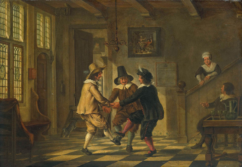 unknown-1700-three-men-in-seventeenth-century-costume-dancing-in-a-art-print-fine-art-reproduction-wall-art-id-a4oszyh3g