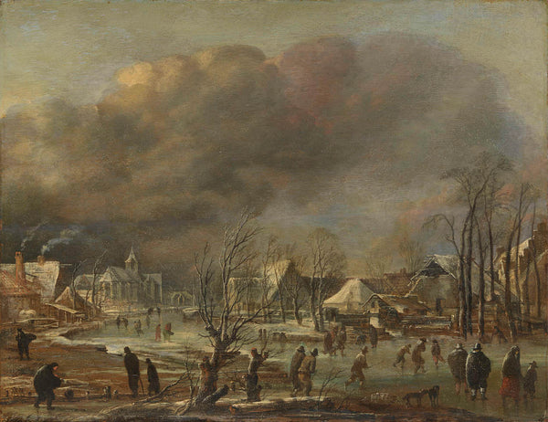 aert-van-der-neer-1630-snowfall-on-a-village-beside-a-frozen-canal-art-print-fine-art-reproduction-wall-art-id-a528wsiox