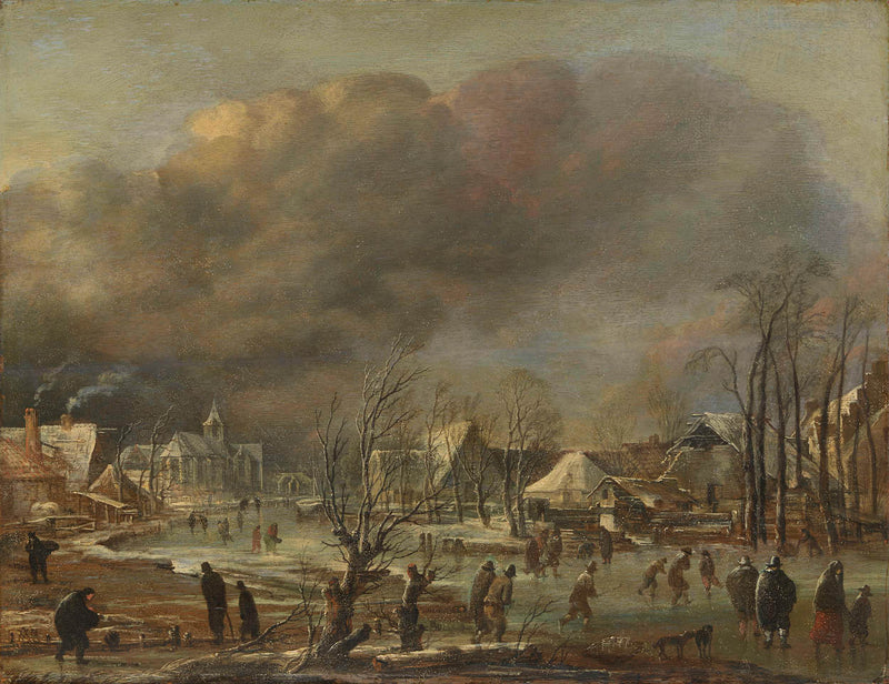 aert-van-der-neer-1630-snowfall-on-a-village-beside-a-frozen-canal-art-print-fine-art-reproduction-wall-art-id-a528wsiox