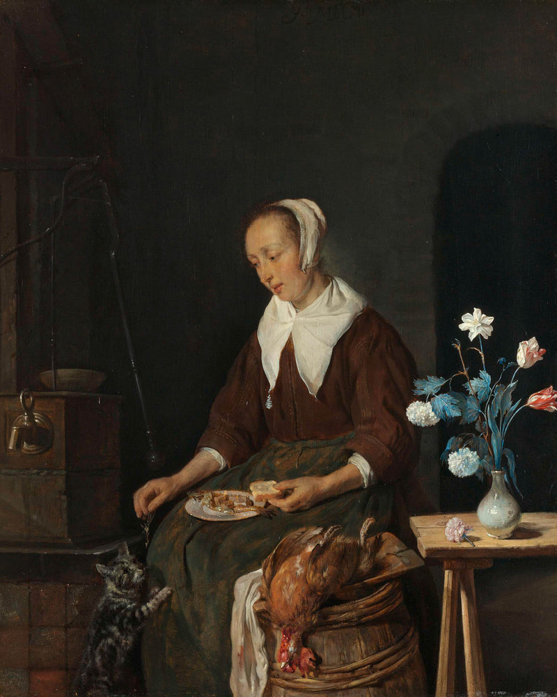 gabriel-metsu-1661-woman-eating-known-as-the-cat-s-breakfast-art-print-fine-art-reproduction-wall-art-id-a5a0ptspn