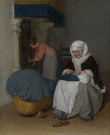 Gerard-ter-borch-1656-mulher-costura-ao-lado-do-berço-impressão-de-arte-reprodução-de-arte-parede-id-a5mrbahf6
