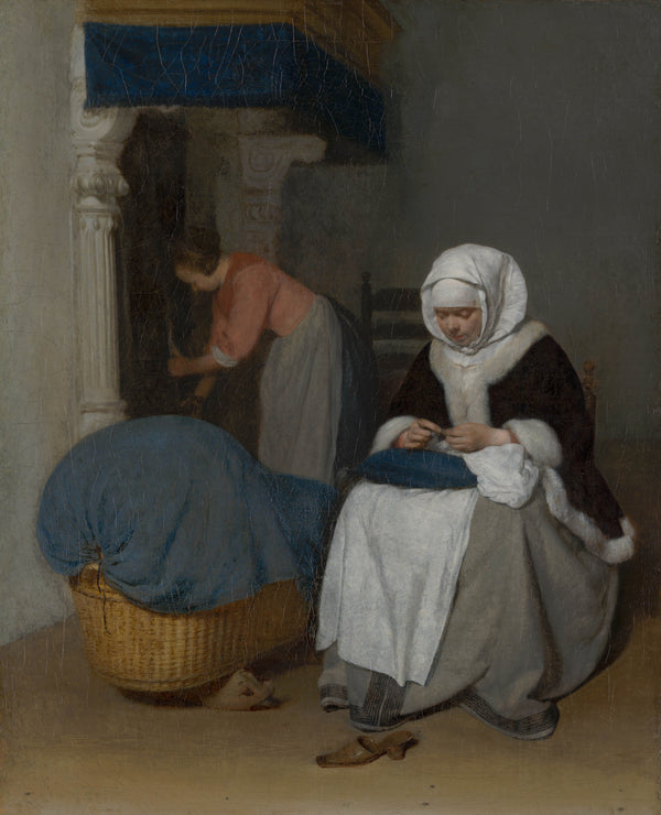gerard-ter-borch-1656-woman-sewing-beside-a-cradle-art-print-fine-art-reproduction-wall-art-id-a5mrbahf6