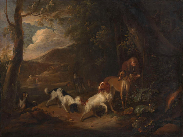 adriaen-cornelisz-beeldemaker-1660-hunter-with-hounds-at-the-edge-of-a-wood-art-print-fine-art-reproduction-wall-art-id-a5nksylz7