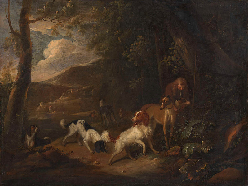 adriaen-cornelisz-beeldemaker-1660-hunter-with-hounds-at-the-edge-of-a-wood-art-print-fine-art-reproduction-wall-art-id-a5nksylz7