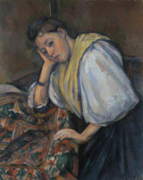 paul-cezanne-1900-jonge-Italiaanse-vrouw-aan-een-tafel-Italiaans-meisje-leunend-kunstprint-kunst-reproductie-muurkunst-id-a5q58x4re