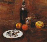 卡尔·舒奇1886年静物画，其中三个苹果和奶酪在锡纸上打印出精美的艺术复制品，墙上的艺术编号为a5t1bnqbc
