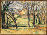 保羅·塞尚-1885-樹木和房屋-靠近-jas-de-bouffan-藝術印刷品-精美藝術-複製品-牆藝術-id-a6fcrolui