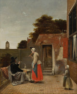 pieter-de-hooch-1660-en-mann-røyker-og-en-kvinne-drikker-i-en-gårdsplassen-kunsttrykk-fin-kunst-reproduksjon-veggkunst-id-a6fnzjku6