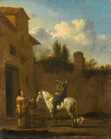 karel-dujardin-1650-een-trompettist-te-paard-drinken-kunstprint-fine-art-reproductie-muurkunst-id-a6kzfedj2