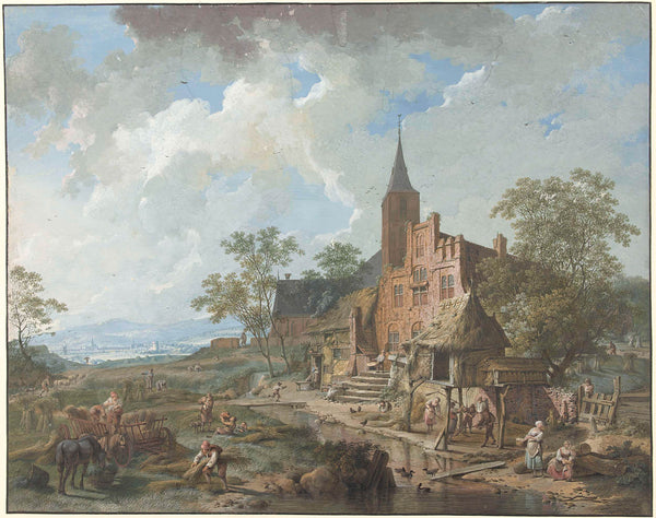 hendrik-meijer-1767-harvest-in-a-village-in-a-hilly-landscape-art-print-fine-art-reproduction-wall-art-id-a719f3lu6