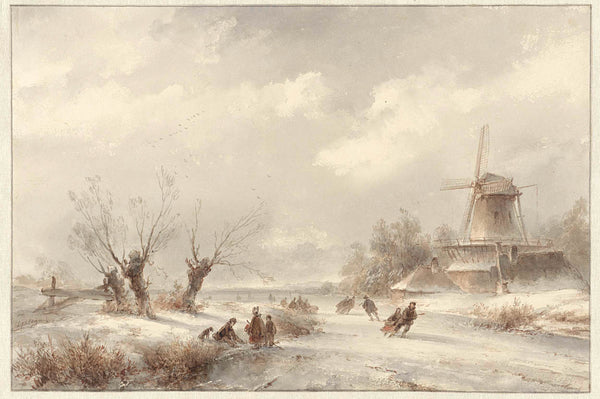 lodewijk-johannes-kleijn-1827-winter-landscape-with-skaters-by-a-windmill-art-print-fine-art-reproduction-wall-art-id-a763g1unq