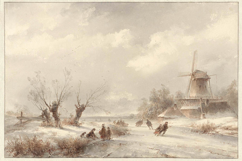 lodewijk-johannes-kleijn-1827-winter-landscape-with-skaters-by-a-windmill-art-print-fine-art-reproduction-wall-art-id-a763g1unq