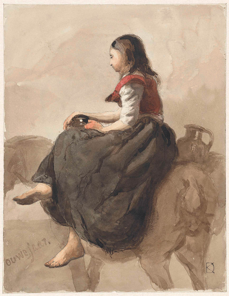 johan-daniel-koelman-1841-sitting-woman-on-a-horse-with-two-jugs-art-print-fine-art-reproduction-wall-art-id-a78305vhw