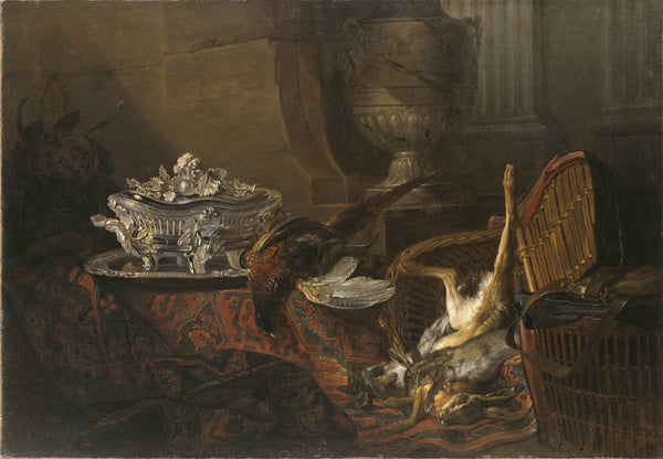 jean-baptiste-oudry-1738-still-life-with-dead-game-and-a-silver-tureen-on-a-turkish-carpet-art-print-fine-art-reproduction-wall-art-id-a7demdm5k