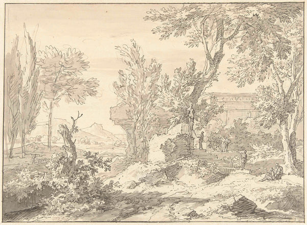 jan-van-huysum-1692-arcadian-landscape-with-ruins-and-figures-at-a-stage-art-print-fine-art-reproduction-wall-art-id-a7hpxj95j