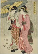 kikukawa-eizan-1807-две девојки-под-чадор-од-серијата-современи-цвеќиња-од-југоисток-тосеи-тацуми-но-хана-арт-печатење-фина уметност-репродукција-ѕид- art-id-a882pj02e