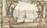 elias-van-nijmegen-1677在一个花园里面对着一个喷泉和一只孔雀艺术印刷精美的艺术复制品-墙-艺术-id-a8a859lhx